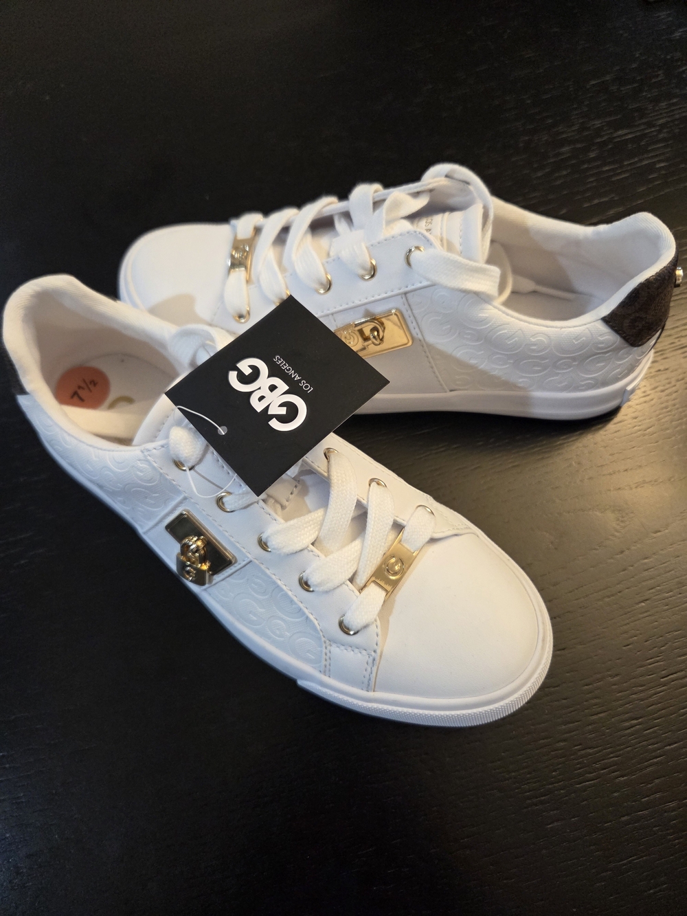 GBG Los Angeles White Sneakers with Gold Hardware and Black Heel